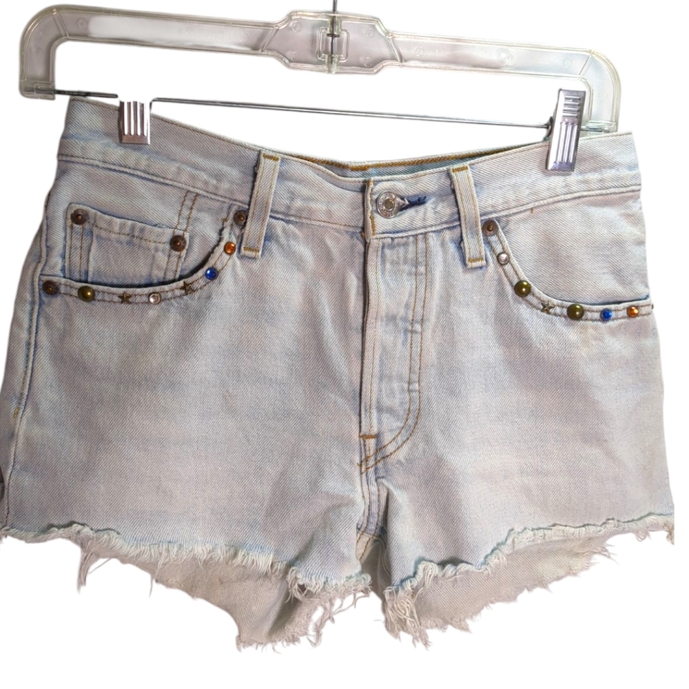 LEVI'S 501 Vintage Cut Off Jean Shorts w/ Studs & Jewels SZ 24 - Picture 2 of 6